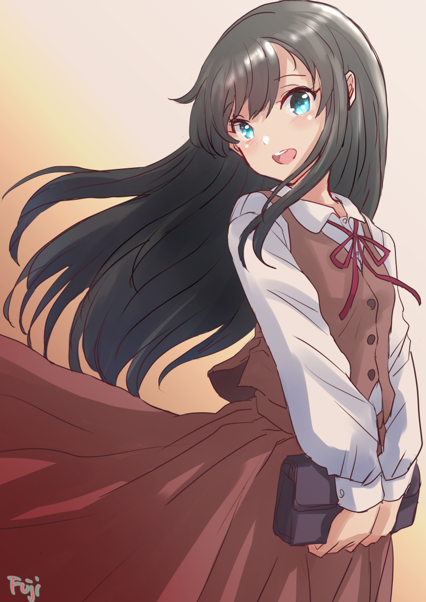 1girl alternate_costume asashio_(kancolle) bag black_hair blue_eyes brown_skirt brown_vest collared_shirt cowboy_shot dress_shirt fuji_(pixiv24804665) handbag highres kantai_collection long_hair long_skirt long_sleeves looking_at_viewer neck_ribbon open_mouth red_ribbon ribbon round_teeth shirt skirt smile solo teeth upper_teeth vest white_shirt