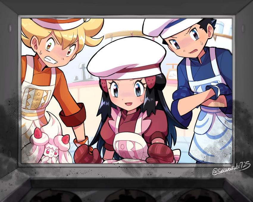 1girl 2boys :d alcremie apron barry_(pokemon) black_eyes black_hair blonde_hair blue_jacket blurry blurry_foreground brown_eyes clenched_teeth commentary_request crossed_arms dawn_(palentine's_2021)_(pokemon) hat highres hikari_(pokemon) jacket long_hair lucas_(pokemon) mittens multiple_boys official_alternate_costume open_mouth orange_jacket pokemon pokemon_(game) pokemon_dppt pokemon_masters_ex red_jacket sawarabi_(sawarabi725) shiny shiny_hair short_sleeves smile sweatdrop teeth twitter_username white_headwear