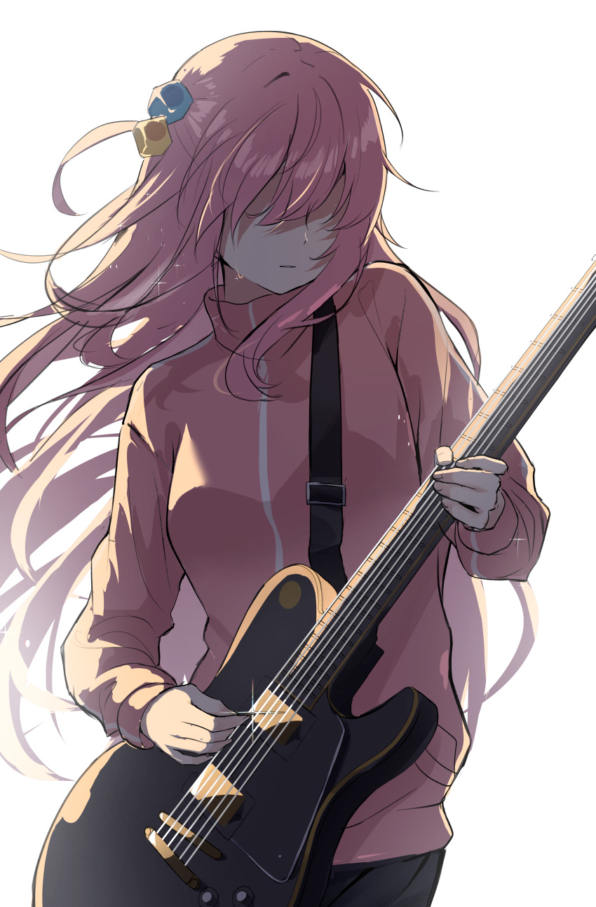 1girl absurdres bitseon blue_eyes bocchi_the_rock! commentary covered_eyes cowboy_shot cube_hair_ornament electric_guitar flying_sweatdrops gibson_les_paul gotou_hitori guitar hair_ornament hair_over_eyes highres instrument jacket long_hair long_sleeves parted_lips pink_hair pink_jacket simple_background solo sweat track_jacket white_background