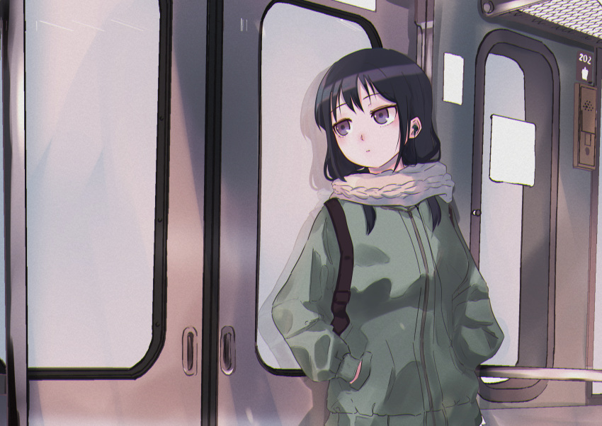 1girl 5_rebbeccas absurdres backpack bag bangs black_hair closed_mouth commentary_request earphones expressionless green_jacket grey_scarf hands_in_pockets highres jacket long_hair long_sleeves looking_to_the_side low_twintails scarf solo standing tamura_yuri train_interior twintails upper_body violet_eyes watashi_ga_motenai_no_wa_dou_kangaetemo_omaera_ga_warui!