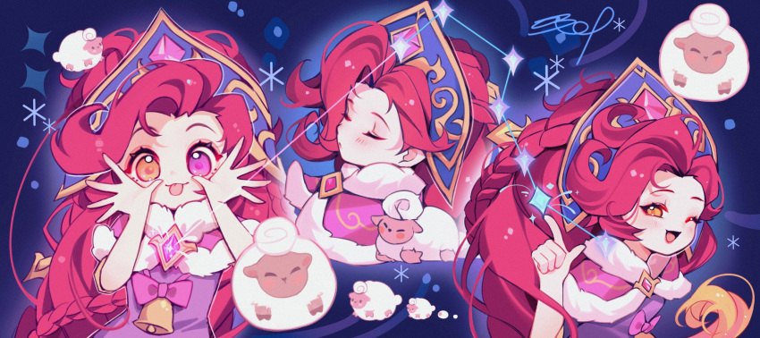 1girl :d :p animal bangs blue_background blush cape closed_eyes dress fur-trimmed_cape fur_trim gem hair_ornament hand_up hands_up heterochromia highres index_finger_raised league_of_legends long_hair multicolored_background multiple_views one_eye_closed orange_eyes pink_cape pink_dress pink_eyes redhead sheep shiny shiny_hair smile snowflakes sparkle star_(symbol) tongue tongue_out winterblessed_zoe xi_ye_(xiyexiexie) zoe_(league_of_legends)