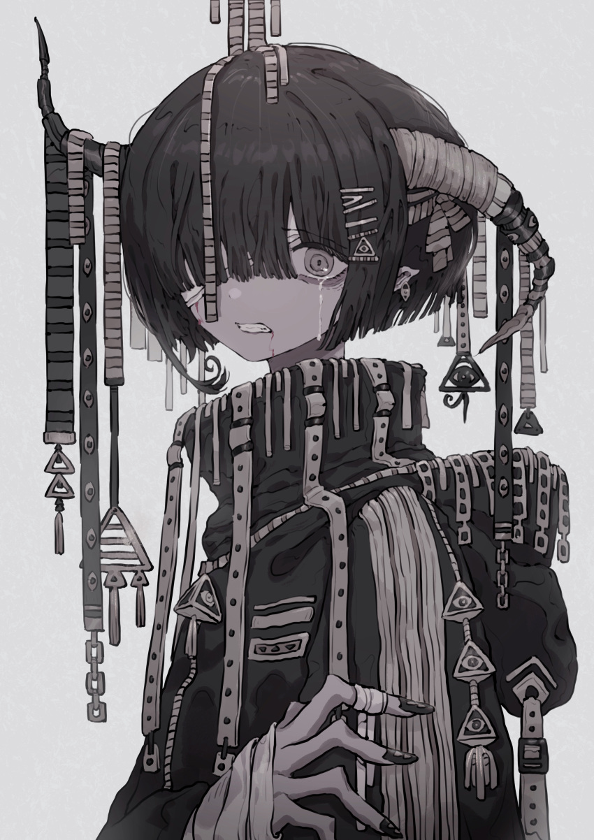 1girl absurdres asymmetrical_horns bags_under_eyes bandage_over_one_eye bandaged_arm bandages bangs black_hair blood blood_from_mouth chain clenched_teeth crying curled_horns earrings eye_print from_side hair_ornament hair_over_one_eye hairclip hand_on_own_arm highres hood hood_down horn_ornament horn_ribbon horn_ring horns injury jewelry lankilanki long_sleeves looking_at_viewer monochrome nail_polish one_eye_covered original pointy_ears ribbon short_hair simple_background solo striped symbol_request teeth too_many triangle turtleneck upper_body zipper