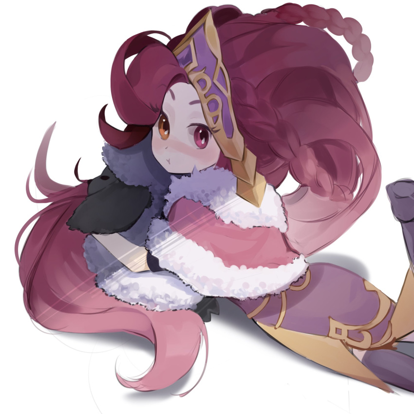 1girl asymmetrical_bangs bangs braid brown_eyes capelet dress foot_up fur-trimmed_capelet fur_trim hair_ornament heterochromia highres league_of_legends long_hair lying on_stomach pink_capelet pink_dress pink_eyes pout redhead simple_background solo teuchinso_joi white_background winterblessed_zoe zoe_(league_of_legends)