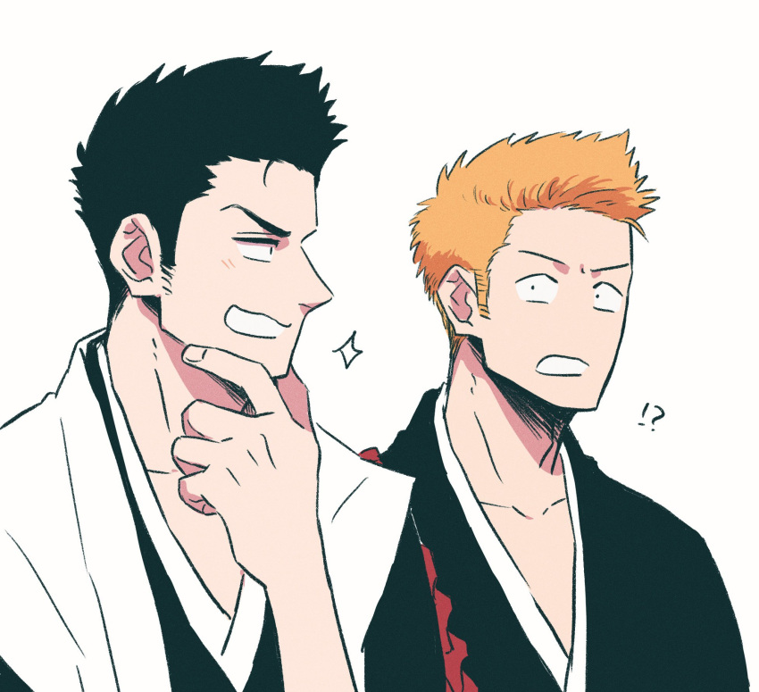 !? 2boys black_hair bleach choko_egg collarbone father_and_son hand_on_own_chin highres japanese_clothes kurosaki_ichigo kurosaki_isshin looking_at_another male_focus multiple_boys orange_hair short_hair sparkle time_paradox upper_body