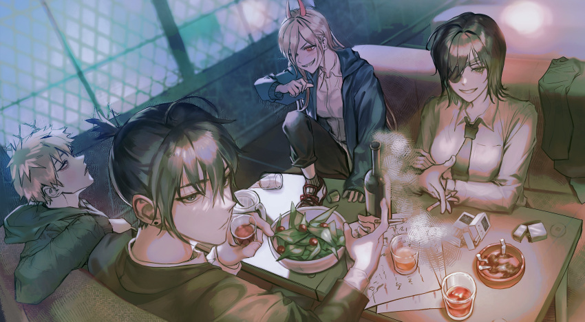 2boys 2girls absurdres black_hair black_jacket black_necktie blonde_hair blue_jacket booth_seating breasts chainsaw_man cigarette cocktail_glass collared_shirt cup demon_girl denji_(chainsaw_man) drinking_glass earrings eyepatch grin hair_between_eyes hayakawa_aki high_ponytail highres himeno_(chainsaw_man) holding holding_cigarette hood hood_down horns jacket jewelry long_hair long_sleeves looking_at_viewer medium_breasts medium_hair multiple_boys multiple_girls necktie power_(chainsaw_man) red_eyes red_horns rette salad shirt short_hair short_ponytail sitting smile smoke smoking teeth upper_body white_shirt