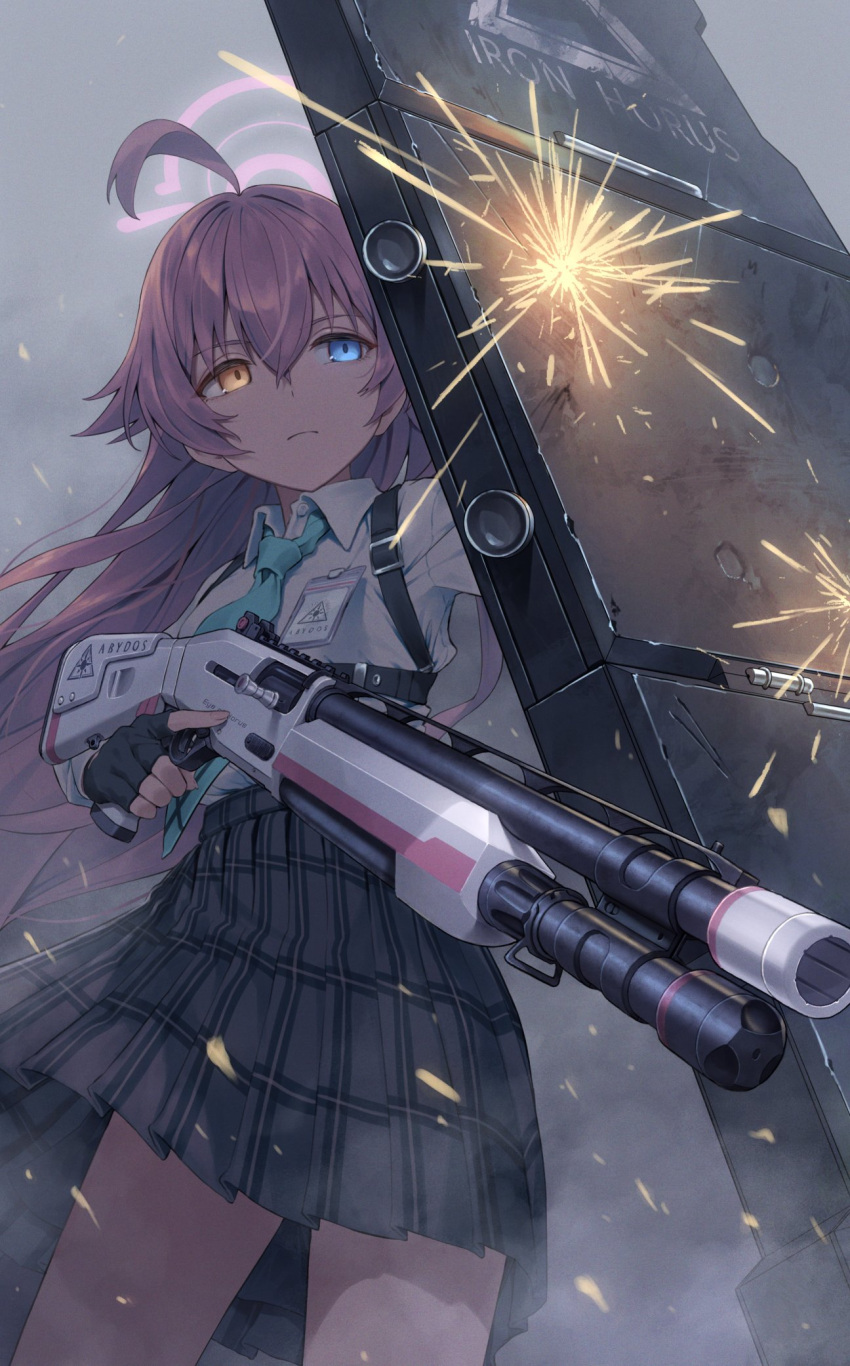 1girl ahoge bangs black_gloves blue_archive blue_eyes blue_necktie chest_harness closed_mouth collared_shirt crossed_bangs dust feet_out_of_frame fingerless_gloves gloves greenkohgen grey_background grey_skirt gun hair_between_eyes harness heterochromia highres holding holding_gun holding_shield holding_weapon hoshino_(blue_archive) id_card long_hair long_sleeves looking_ahead necktie orange_eyes pink_hair plaid plaid_skirt riot_shield serious shield shirt shotgun skirt solo sparks trigger_discipline weapon white_shirt