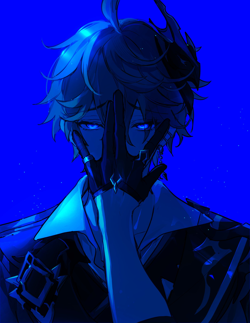 1boy absurdres ahoge bangs black_gloves blue_background blue_eyes blue_theme collared_shirt commentary covering_face crossed_bangs earrings genshin_impact gloves hair_between_eyes half_gloves hand_on_own_cheek hand_on_own_face hand_up highres jacket jewelry light_particles looking_at_viewer male_focus mask mask_on_head mors_gn raised_eyebrows shirt short_hair simple_background single_earring sleeves_rolled_up solo tartaglia_(genshin_impact) upper_body