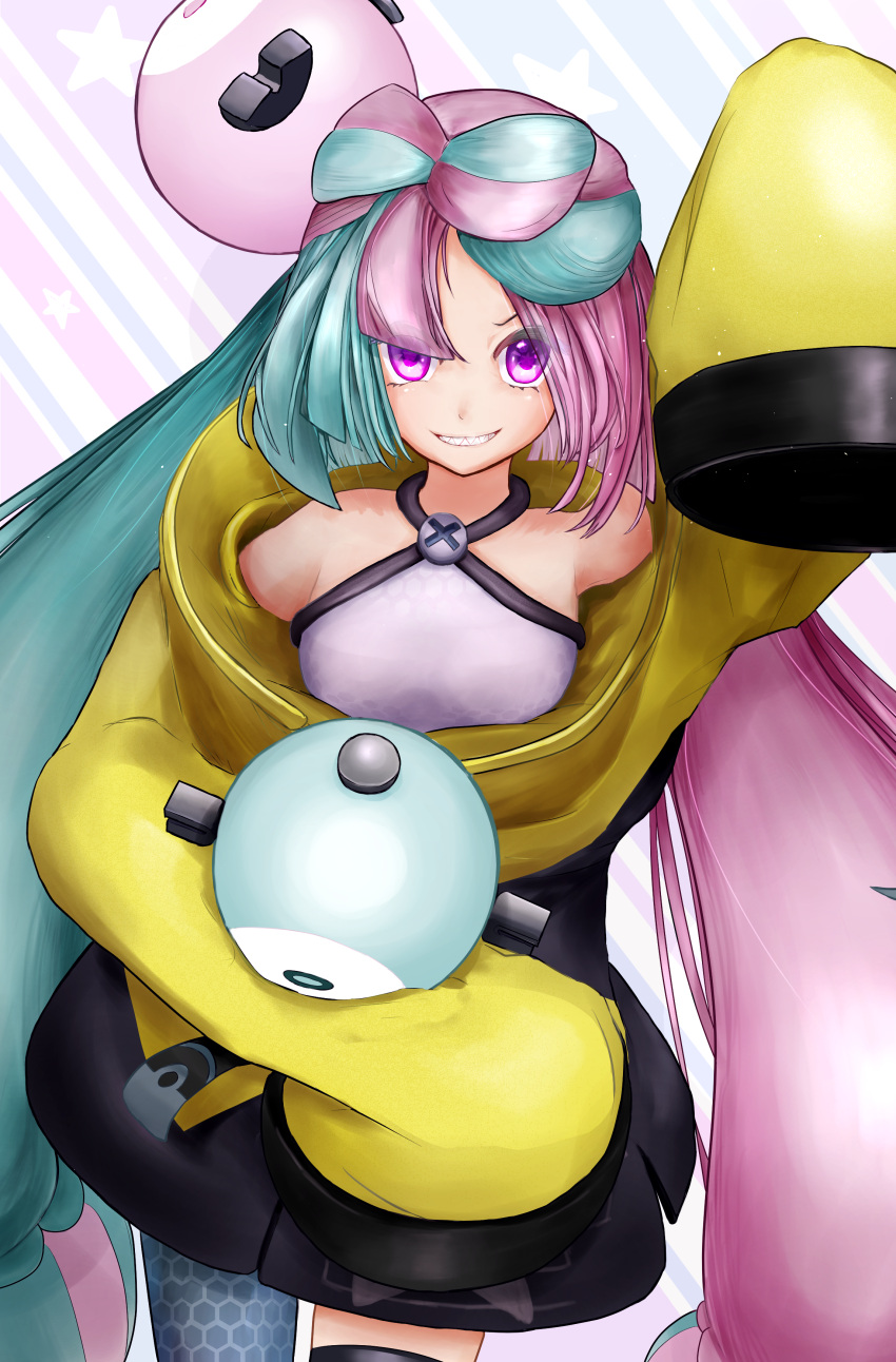 1girl absurdres bow-shaped_hair character_hair_ornament grey_pantyhose hair_ornament hexagon_print highres houjirou iono_(pokemon) jacket long_hair low-tied_long_hair multicolored_hair oversized_clothes pantyhose pokemon pokemon_(game) pokemon_sv sharp_teeth single_leg_pantyhose sleeves_past_fingers sleeves_past_wrists solo split-color_hair star_(symbol) star_in_eye symbol_in_eye teeth very_long_sleeves x yellow_jacket