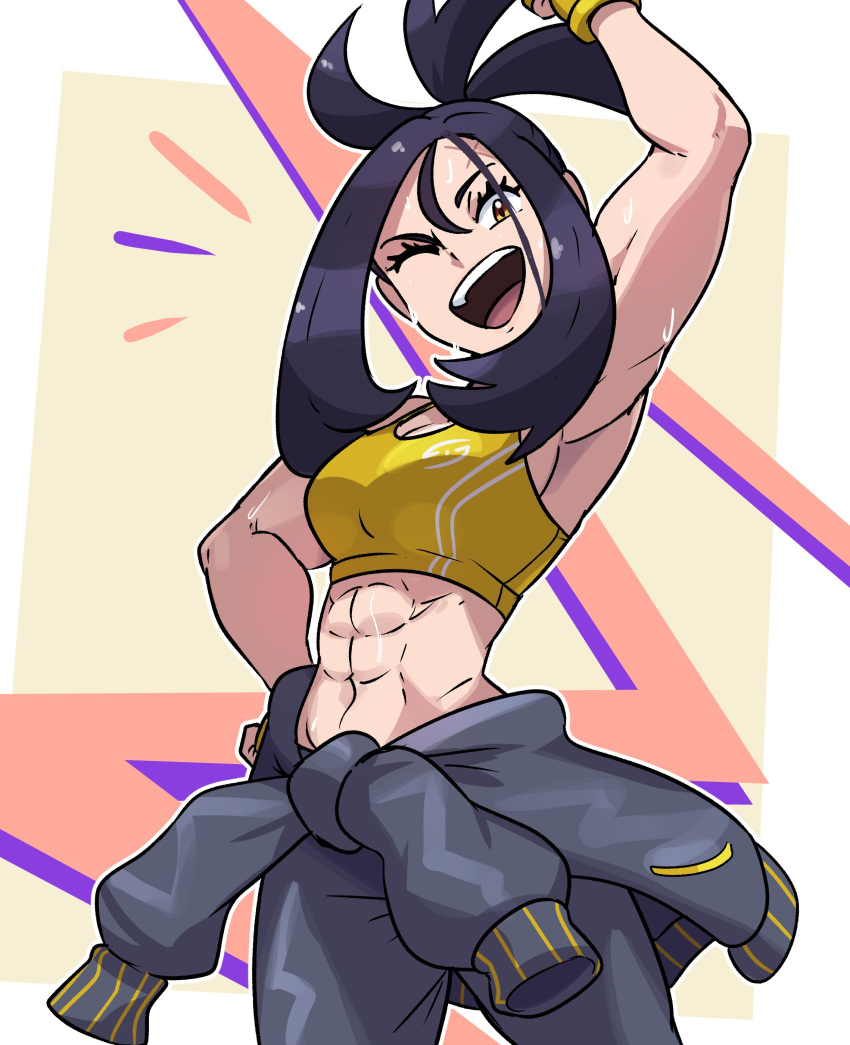 1girl abs absurdres black_hair black_jacket breasts cross_scar dendra_(pokemon) gloves highres jacket jacket_removed juno_son muscular muscular_female one_eye_closed open_mouth pants pokemon pokemon_(game) pokemon_sv ponytail scar scar_on_face scar_on_forehead smile solo sweat track_jacket yellow_eyes yellow_gloves