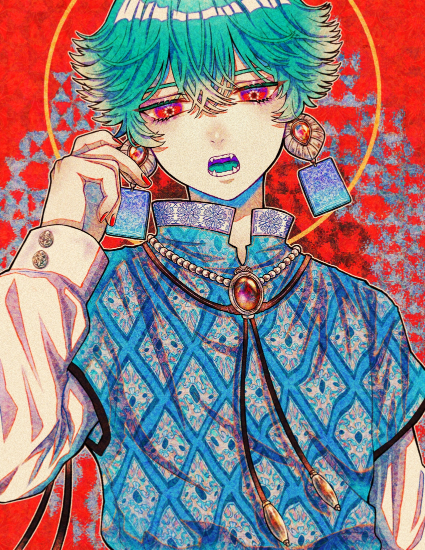 1boy absurdres akari_botan androgynous aqua_hair aqua_tongue arm_at_side bangs bead_necklace beads colored_tips earrings fangs gem hair_between_eyes halo hand_up highres jewelry layered_sleeves long_sleeves looking_at_viewer male_focus multicolored_hair necklace open_mouth original red_background red_eyes red_gemstone red_nails short_hair short_over_long_sleeves short_sleeves solo streaked_hair symbol-shaped_pupils upper_body white_hair