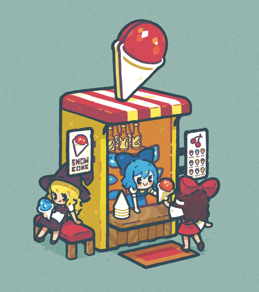 3girls arm_support bench blonde_hair blue_background blue_bow blue_dress blue_hair bottle bow brown_hair cherry_print chibi cirno closed_mouth dress facing_another food food_print food_stand full_body hair_bow hakurei_reimu hat highres ice ice_cream ice_wings kirisame_marisa leaning_forward loftyanchor long_hair looking_at_another multiple_girls pinafore_dress red_bow red_skirt road_sign rug shadow short_hair sign simple_background sitting skirt smile standing standing_on_one_leg touhou wide_sleeves wings witch_hat