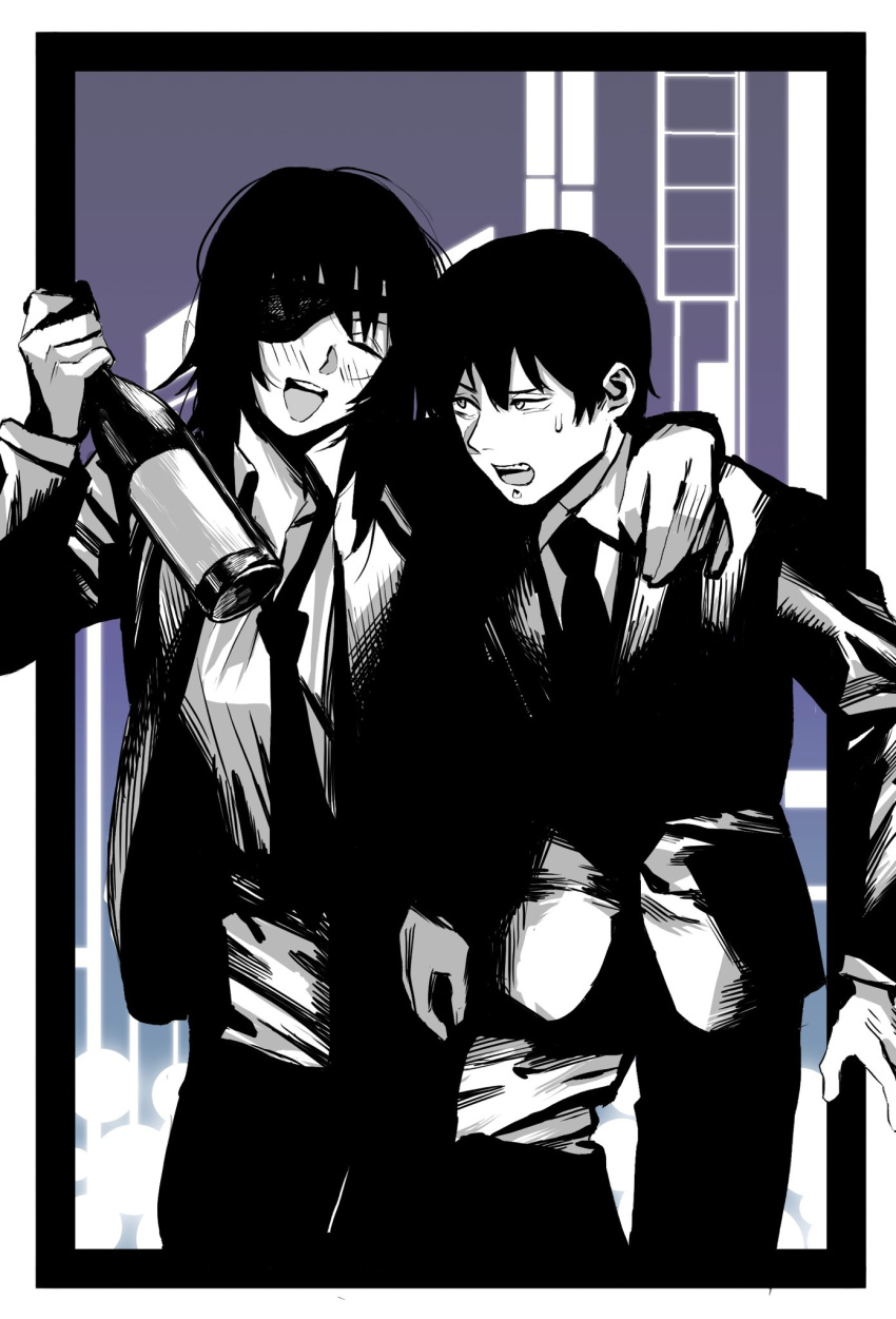 1boy 1girl alcohol beer beer_bottle black_hair black_jacket black_necktie black_pants blush border chainsaw_man closed_eyes collared_shirt eyepatch formal hand_on_another's_shoulder hayakawa_aki highres himeno_(chainsaw_man) jacket looking_at_another medium_hair messy_hair monochrome necktie open_mouth pants riki_(riki_unc) shirt short_hair smile spot_color suit sweat white_border white_shirt