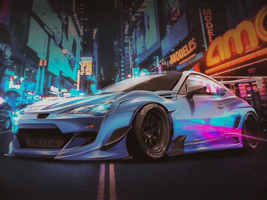 car glowing ground_vehicle headlight highres motor_vehicle new_york night no_humans original outdoors photo_background real_world_location road spoiler_(automobile) sports_car street times_square toyota toyota_86 tsu-chan vehicle_focus