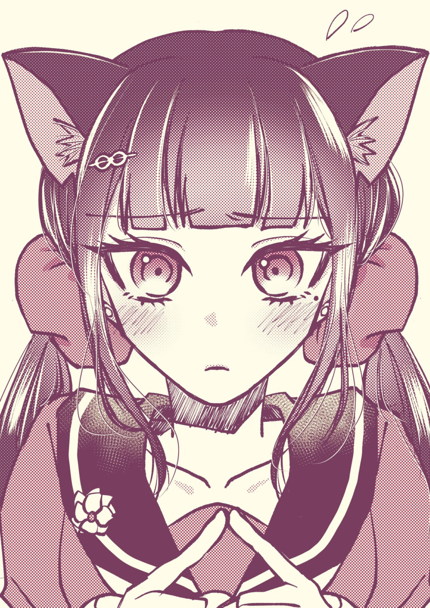 1girl animal_ears bangs blunt_bangs blush cat_ears collarbone danganronpa_(series) danganronpa_v3:_killing_harmony earrings flying_sweatdrops frown hair_ornament hair_scrunchie hairclip harukawa_maki highres index_fingers_together jewelry long_hair looking_at_viewer low_twintails mole mole_under_eye portrait sailor_collar satori_(aosky9077) scrunchie shirt solo twintails