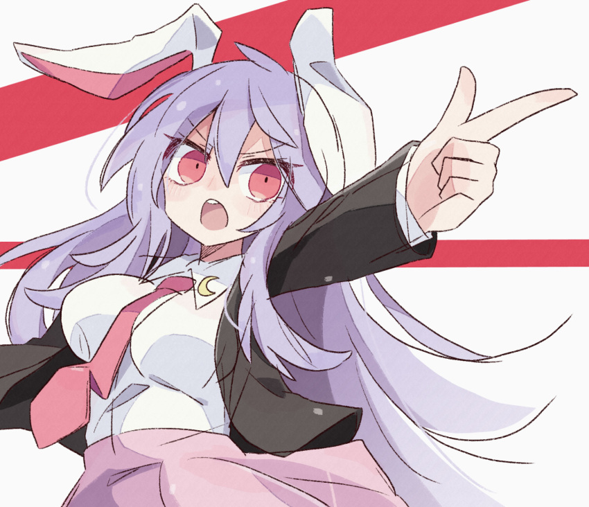 1girl animal_ears breasts collared_shirt crescent crescent_pin finger_gun highres large_breasts long_hair long_sleeves looking_at_viewer minoru_minoru necktie open_mouth pink_skirt purple_hair rabbit_ears red_background red_eyes red_necktie reisen_udongein_inaba shirt skirt solo touhou v-shaped_eyebrows white_background white_shirt
