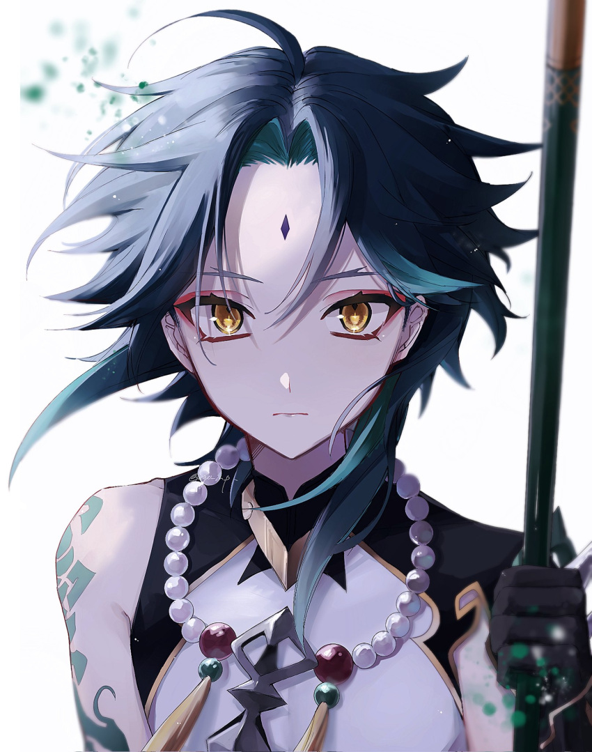 1boy ahoge artist_name bangs bare_shoulders black_gloves black_hair blue_hair closed_mouth ego_(ego_inp) genshin_impact gloves grey_shirt hair_between_eyes hand_up highres holding holding_weapon jewelry looking_at_viewer male_focus mandarin_collar multicolored_hair necklace pearl_necklace pom_pom_(clothes) shirt sidelocks simple_background sleeveless sleeveless_shirt solo tattoo two-tone_hair upper_body vision_(genshin_impact) weapon white_background xiao_(genshin_impact) yellow_eyes