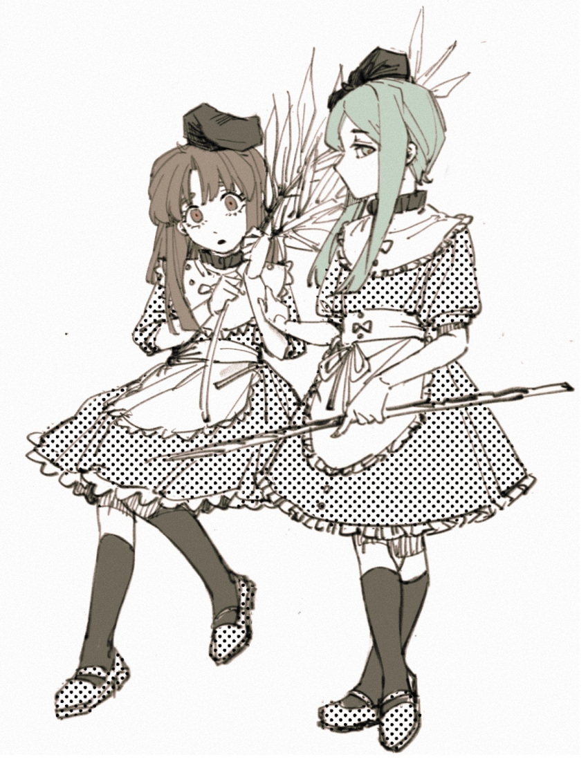 2girls apron brown_eyes brown_hair chinese_commentary commentary_request dress green_eyes green_hair hat highres long_hair malvo mary_janes multiple_girls nishida_satono partially_colored puffy_short_sleeves puffy_sleeves screentones shoes short_hair_with_long_locks short_sleeves socks teireida_mai touhou waist_apron