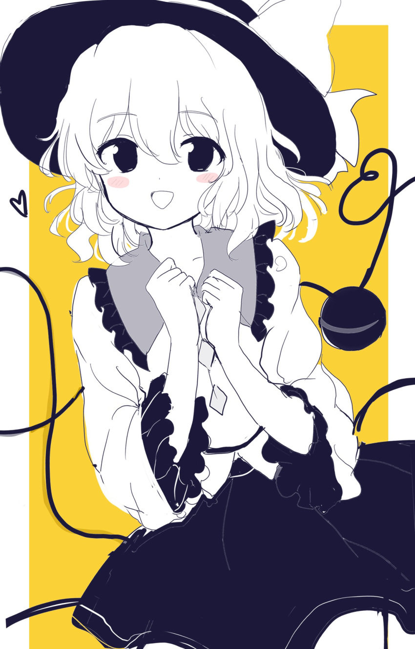 1girl absurdres border buttons clenched_hands collared_shirt commentary_request cowboy_shot diamond_button dutch_angle eyeball frilled_shirt_collar frilled_skirt frilled_sleeves frills greyscale happy hat hat_ribbon heart heart_of_string highres komeiji_koishi long_sleeves medium_hair monochrome open_mouth rei_(tonbo0430) ribbon shirt sketch skirt solo third_eye touhou white_border wide_sleeves yellow_background