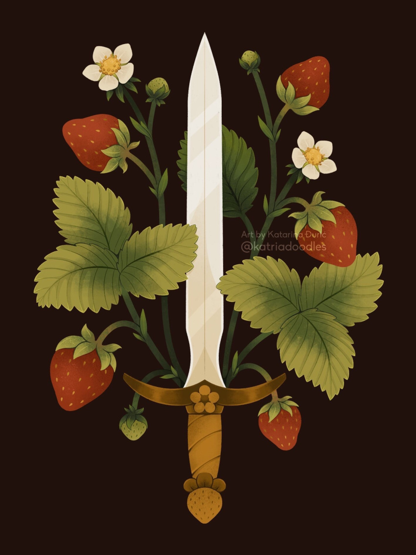 dark_background english_commentary english_text flower food fruit highres katriadoodles leaf no_humans original strawberry sword tumblr_username twitter_username weapon white_flower