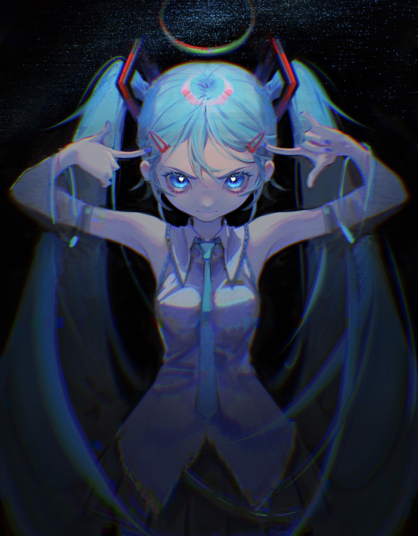 1girl \m/ absurdres aqua_eyes aqua_hair aqua_necktie armpits arms_up bangs bare_shoulders black_background black_skirt blue_nails breasts chromatic_aberration closed_mouth collared_shirt commentary_request cowboy_shot dark finger_to_head hair_between_eyes hair_ornament hairclip hatsune_miku hidari_(nanmu-left) highres kubrick_stare light_particles long_hair looking_at_viewer necktie pleated_skirt shirt skirt sleeveless sleeveless_shirt small_breasts solo standing straight-on twintails v-shaped_eyebrows very_long_hair vocaloid white_shirt