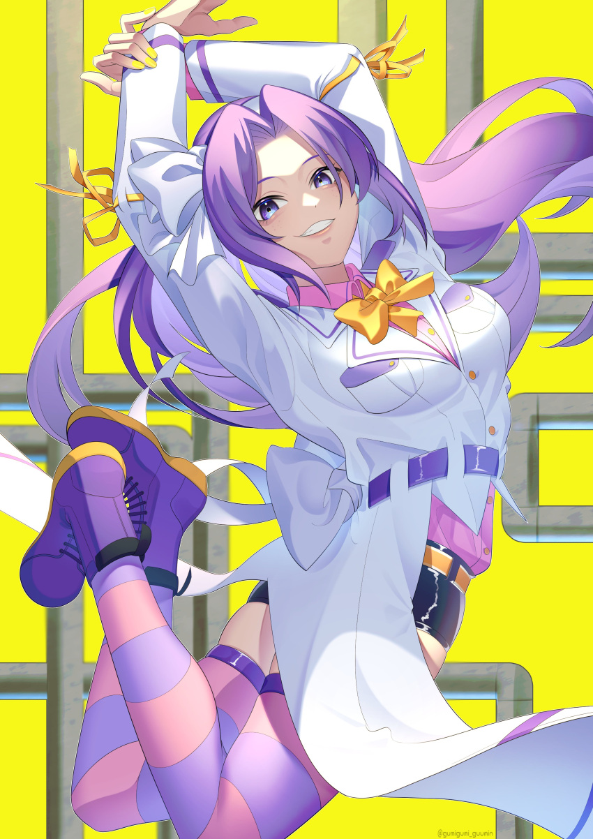 1girl absurdres arms_up asakura_rikako back_bow bangs black_shorts borrowed_design bow bowtie breasts buttons closed_labcoat coat collared_shirt colored_shoe_soles commentary_request forehead grin guumin hair_ribbon hairband highres labcoat leg_up lips long_hair long_sleeves medium_breasts parted_bangs pocket purple_belt purple_footwear purple_hair purple_shirt purple_thighhighs ribbon ribbon-trimmed_sleeves ribbon_trim shirt shorts smile solo striped striped_thighhighs thigh-highs touhou touhou_(pc-98) two-tone_thighhighs upper_body very_long_hair violet_eyes waist_bow white_bow white_coat white_hairband white_ribbon yellow_background yellow_bow yellow_bowtie yellow_ribbon