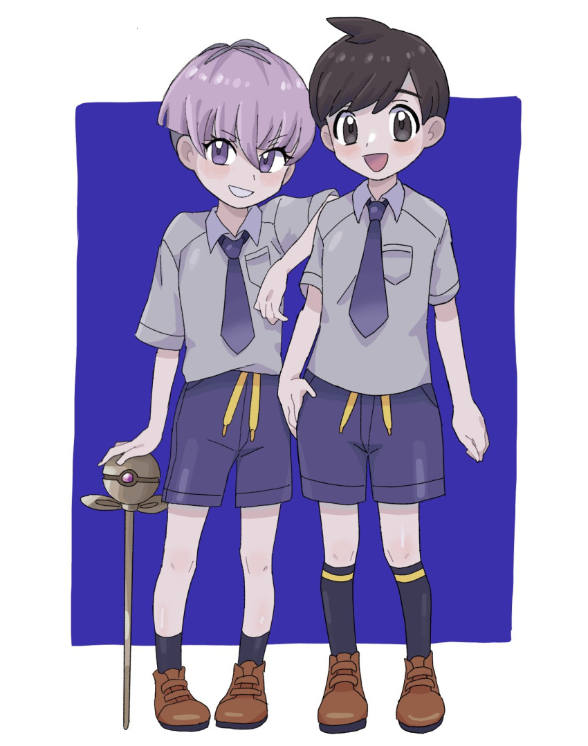 2boys :d bangs black_socks blue_background blush border breast_pocket brown_footwear brown_hair collared_shirt commentary_request eyelashes florian_(pokemon) grey_shirt grin highres holding knees male_focus multiple_boys necktie open_mouth ortega_(pokemon) pocket pokemon pokemon_(game) pokemon_sv purple_hair purple_shorts sana_(37pisana) shirt shoes short_hair short_sleeves shorts smile socks standing violet_eyes white_border