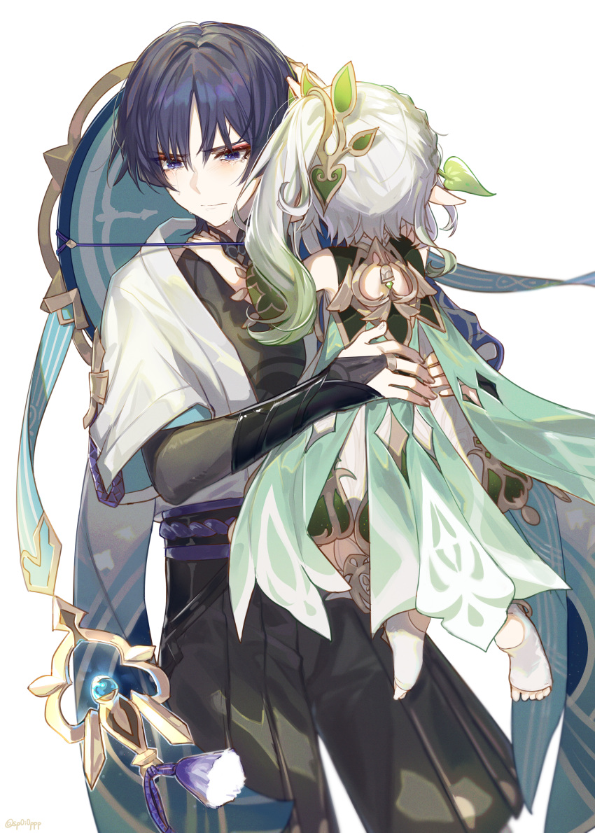 1boy 1girl absurdres armor black_shirt black_shorts blue_eyes blue_hair cape crying crying_with_eyes_open dress eyeshadow genshin_impact gradient_hair green_dress green_hair grey_hair hat highres hug japanese_armor japanese_clothes jingasa korean_commentary kote kurokote leaf lifting_person long_hair makeup multicolored_hair nahida_(genshin_impact) pointy_ears red_eyeshadow scaramouche_(genshin_impact) shirt short_hair short_sleeves shorts side_ponytail simple_background size_difference sp0i0ppp tassel tears wanderer_(genshin_impact) white_background
