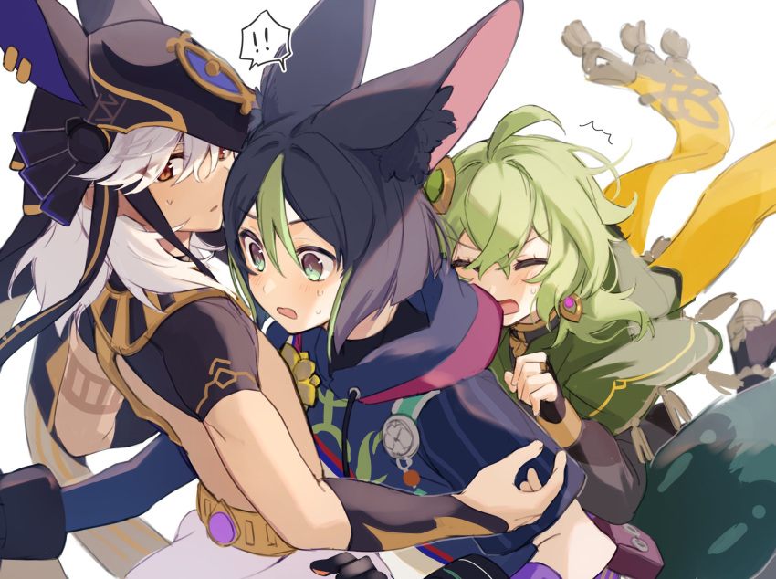 ! !! 1girl 2boys animal_ear_fluff animal_ears animal_hat asymmetrical_sleeves bangs black_hair black_headwear blush boy_and_girl_sandwich capelet closed_eyes collei_(genshin_impact) cyno_(genshin_impact) dark-skinned_male dark_skin egyptian_clothes flower fox_boy fox_ears genshin_impact gloves green_capelet green_eyes green_hair hair_between_eyes hair_ornament hat highres jewelry long_hair medal multicolored_hair multiple_boys open_mouth parted_lips red_eyes simple_background snzisnr spoken_exclamation_mark sweat tighnari_(genshin_impact) uneven_sleeves white_hair yellow_flower