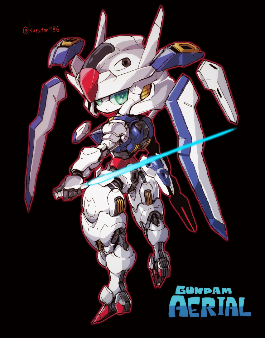 1girl :&lt; absurdres beam_saber black_background character_name from_behind funnels_(gundam) green_eyes gundam gundam_aerial gundam_suisei_no_majo highres holding holding_sword holding_weapon kuruton486 looking_at_viewer looking_back mecha reverse_grip robot simple_background sword twitter_username v-fin weapon