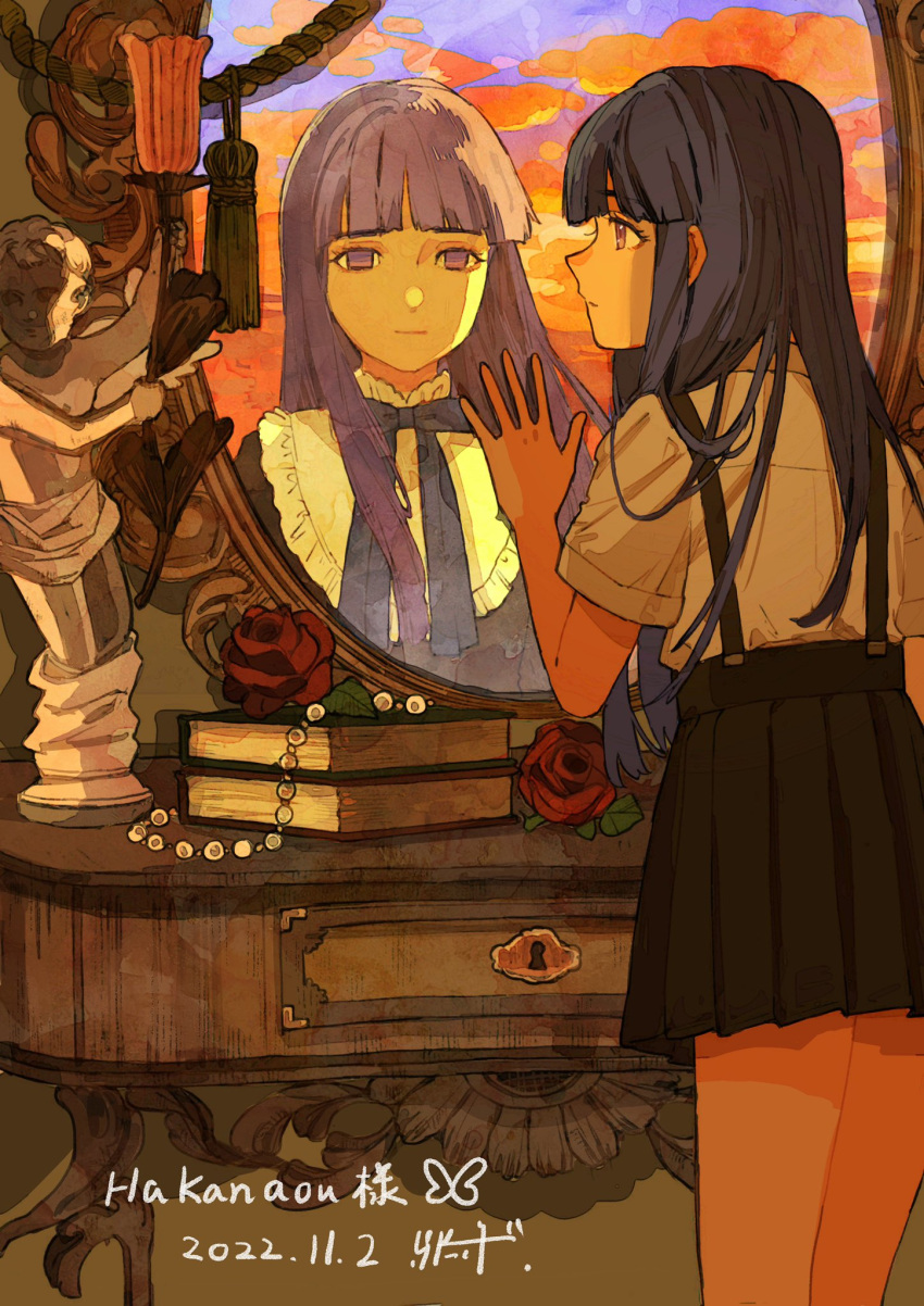 2girls bangs black_dress black_skirt blue_bow blue_hair blunt_bangs book bow closed_mouth collared_shirt dress dress_bow empty_eyes flower frederica_bernkastel frilled_dress frills furude_rika highres higurashi_no_naku_koro_ni hime_cut indoors layered_dress long_hair looking_at_another looking_at_mirror mirror multiple_girls open_mouth purple_hair qooo003 reflection rose shirt sidelocks skirt suspender_skirt suspenders umineko_no_naku_koro_ni violet_eyes white_shirt witch