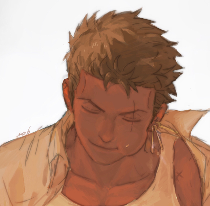 1boy cheek_bulge collared_shirt dark-skinned_male dark_skin food food_on_face green_hair happy highres male_focus no.6_(numberr_6) one_piece open_clothes open_shirt portrait rice rice_on_face roronoa_zoro scar scar_across_eye shirt short_hair smile solo tank_top white_tank_top