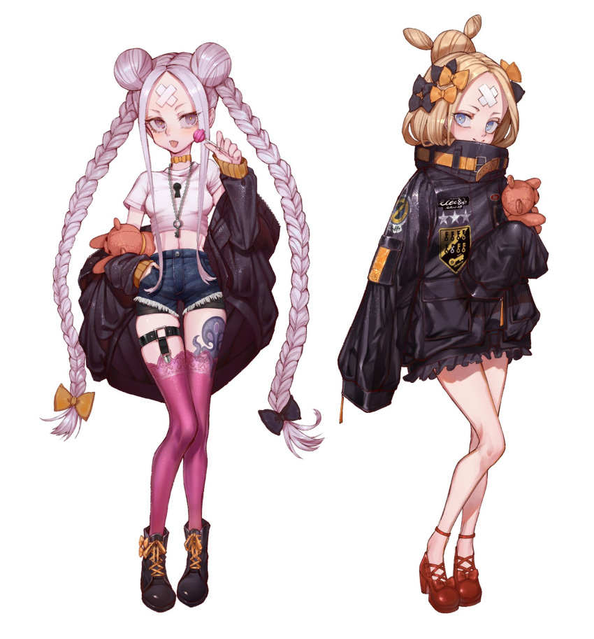 :p abigail_williams_(fate) abigail_williams_(traveling_outfit)_(fate) alternate_costume bandaid bandaid_on_face bandaid_on_forehead bangs belt black_bow black_footwear black_jacket blonde_hair blue_eyes blush bow bow_choker braid breasts candy clothes_down crop_top cross-laced_footwear crossed_bandaids denim denim_shorts double_bun fate/grand_order fate_(series) food footwear_bow full_body grey_eyes grey_hair hair_bow hair_bun high_heels highres holding holding_candy holding_food holding_lollipop holding_stuffed_toy jacket jewelry key key_necklace lace-trimmed_legwear lace_trim leg_tattoo lollipop long_hair looking_at_viewer multiple_hair_bows navel necklace official_alternate_costume open_clothes open_jacket orange_belt orange_bow ota_(ota-0000) parted_bangs polka_dot polka_dot_bow purple_thighhighs red_footwear short_shorts shorts sidelocks simple_background single_hair_bun sleeves_past_fingers sleeves_past_wrists small_breasts smile stuffed_animal stuffed_toy tattoo teddy_bear thigh-highs thigh_belt thigh_strap tongue tongue_out twin_braids very_long_hair white_background