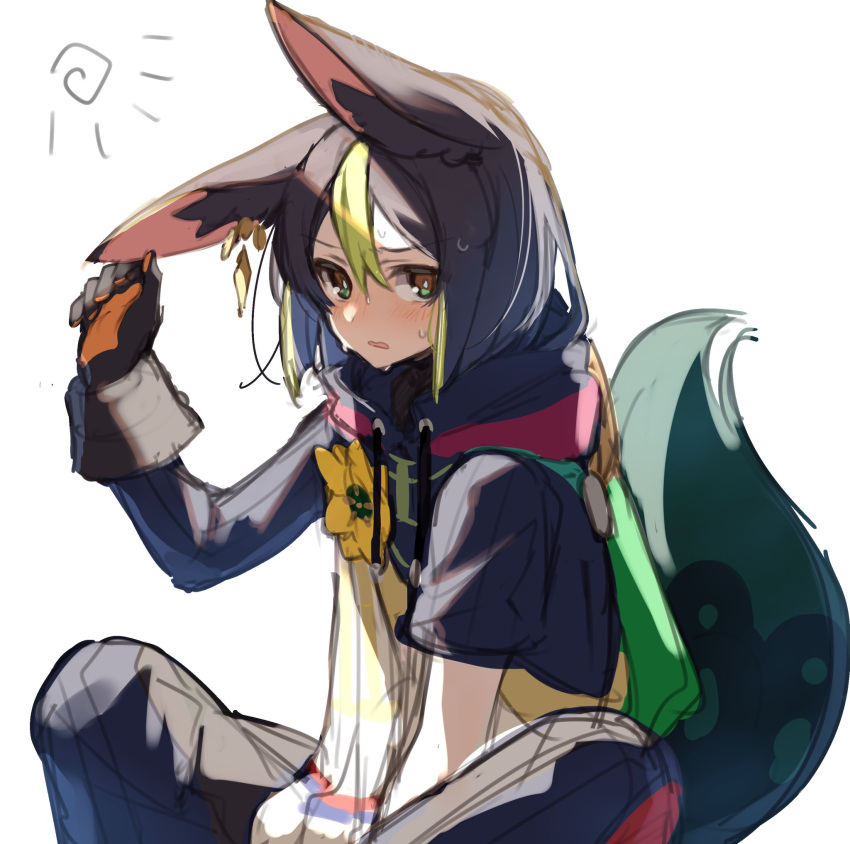 1boy animal_ears asymmetrical_sleeves bangs black_hair blush commentary_request flower fox_boy fox_ears fox_tail genshin_impact gloves green_eyes green_hair hair_between_eyes highres hot looking_at_viewer male_focus multicolored_hair parted_lips simple_background sitting sketch snzisnr solo streaked_hair sweat tail tighnari_(genshin_impact) uneven_sleeves white_background yellow_flower