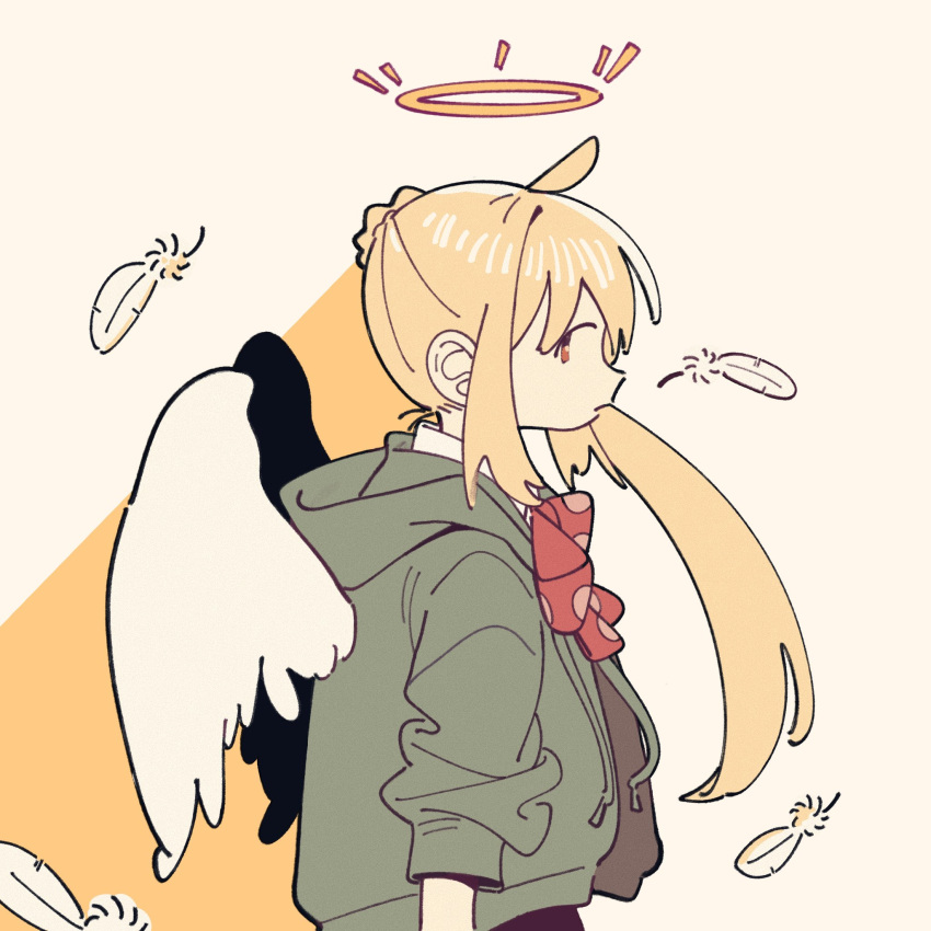 1girl ahoge angel_wings bangs blonde_hair bocchi_the_rock! bow breadspie collared_shirt feathered_wings feathers green_jacket halo highres hood hoodie ijichi_nijika jacket long_hair profile red_bow school_uniform shirt side_ponytail sidelocks solo upper_body white_shirt white_wings wings