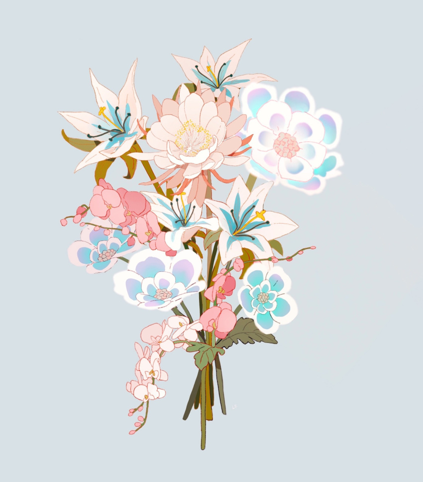 blue_background blue_flower bouquet commentary commission english_commentary flower flower_focus highres leaf libbyframe no_humans orchid pink_flower plant silent_princess simple_background the_legend_of_zelda the_legend_of_zelda:_breath_of_the_wild