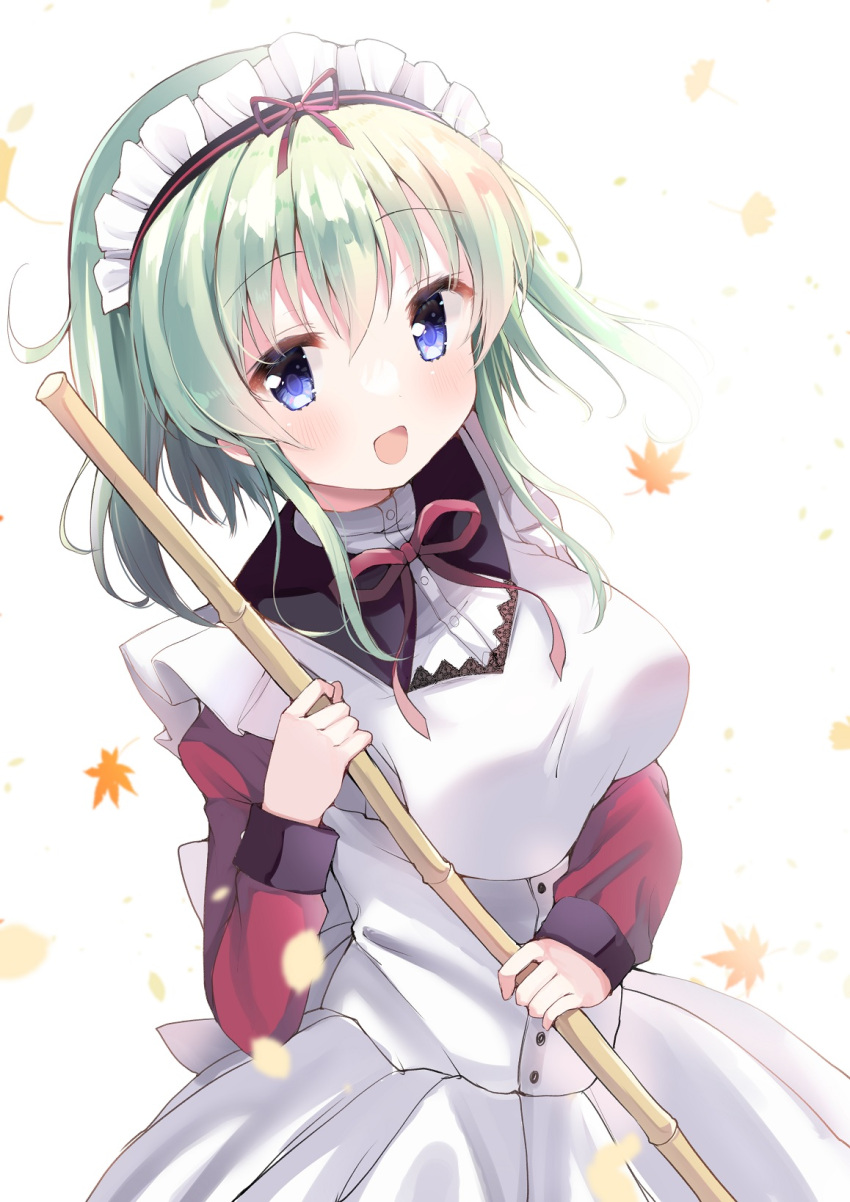 1girl :d angelina_nanatsu_sewell apron autumn_leaves back_bow bamboo bangs bare_shoulders blue_eyes blush bow breasts buttons collarbone dress frilled_apron frills green_hair hair_between_eyes hair_ornament high-waist_skirt highres holding holding_weapon juliet_sleeves leaf long_sleeves looking_at_viewer maid maid_apron maid_headdress maple_leaf mashiroiro_symphony medium_breasts open_mouth pink_ribbon puffy_sleeves push-button red_dress ribbon short_hair simple_background skirt sleeves_past_wrists smile solo takepoison turtleneck weapon white_apron white_background