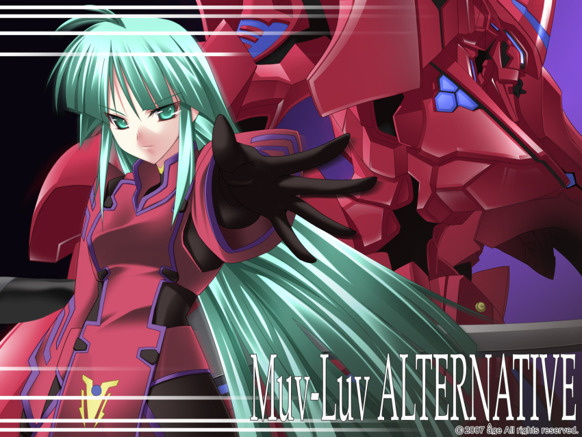 1girl ahoge assault_visor bad_link baka_ouji_persia bangs black_gloves bou copyright_name gloves green_hair head_tilt highres jacket looking_at_viewer mecha military military_uniform muvluv muvluv_alternative official_art official_wallpaper open_hand red_jacket robot sidelocks tactical_surface_fighter takemikazuchi_(muvluv) third-party_source tsukuyomi_mana uniform v-shaped_eyebrows