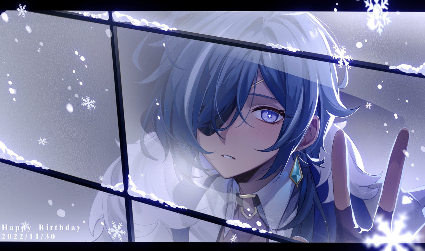 1boy against_window bangs black_gloves blue_eyes blue_hair blush cape collarbone collared_dress commentary_request dark-skinned_male dark_skin dated dress earrings eyelashes eyepatch fingerless_gloves fur-trimmed_cape fur_trim genshin_impact gloves hair_over_one_eye hair_over_shoulder hand_up happy_birthday highres jewelry kaeya_(genshin_impact) long_hair looking_at_viewer looking_outside low_ponytail male_focus multicolored_hair omluguru one_eye_covered parted_bangs parted_lips ponytail shirt sidelocks single_earring snow snowflakes snowing solo star-shaped_pupils star_(symbol) streaked_hair swept_bangs symbol-shaped_pupils upper_body window wing_collar