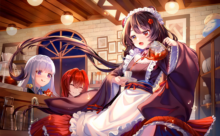 3girls :d ange_katrina apron brown_hair closed_eyes cup glass_teapot grey_hair hair_between_eyes hair_ornament heterochromia highres holding holding_teapot inui_toko japanese_clothes jar lalazyt lize_helesta long_hair long_sleeves maid maid_apron maid_headdress multiple_girls nijisanji open_mouth red_eyes redhead smile tea teacup teapot tongue tongue_out virtual_youtuber yellow_eyes