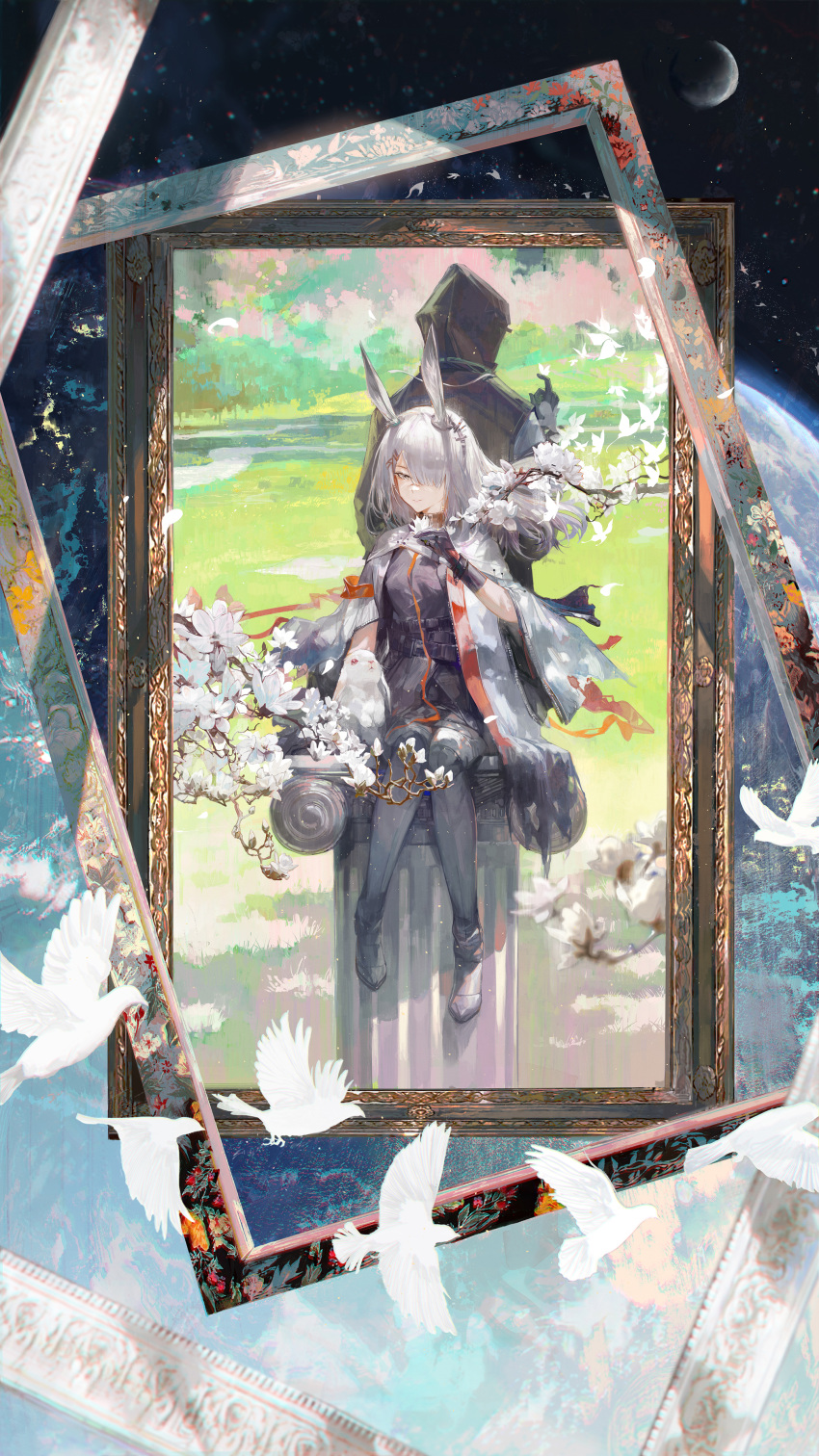1girl 1other absurdres ambiguous_gender animal_ears arknights bird black_dress black_gloves branch coat daylightallure doctor_(arknights) dress english_commentary flower frostnova_(arknights) gloves grey_eyes grey_hair hair_ornament hair_over_one_eye hairclip hand_up highres long_hair one_eye_covered parted_lips rabbit rabbit_ears scar scar_on_face scar_on_nose sitting white_coat