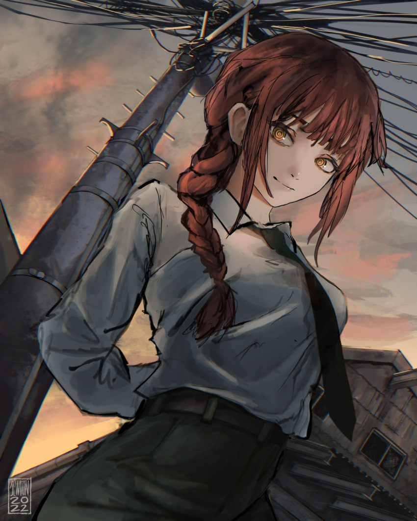 1girl arms_behind_back bangs black_necktie black_pants braid braided_ponytail chainsaw_man collared_shirt evening highres looking_at_viewer makima_(chainsaw_man) medium_hair necktie pants power_lines redhead ringed_eyes shirt shirt_tucked_in smile solo taorotana utility_pole white_shirt yellow_eyes