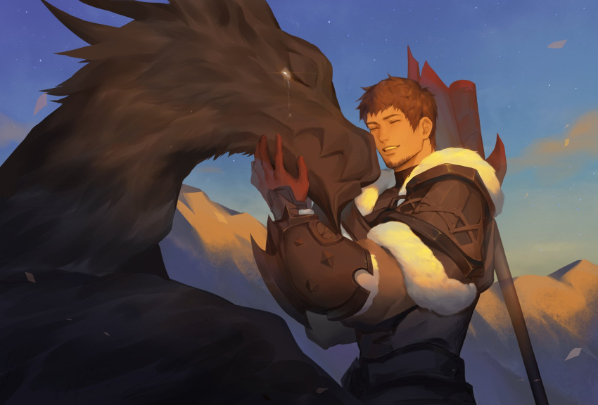 1boy ajianqaq amaro_(ff14) ardbert_(ff14) armor axe blue_sky brown_hair closed_eyes clouds facial_hair final_fantasy final_fantasy_xiv from_side fur-trimmed_armor fur_trim glint grin highres hyur male_focus outdoors pauldrons petting short_hair shoulder_armor sky smile standing stubble tears upper_body vambraces warrior_(final_fantasy) weapon weapon_on_back