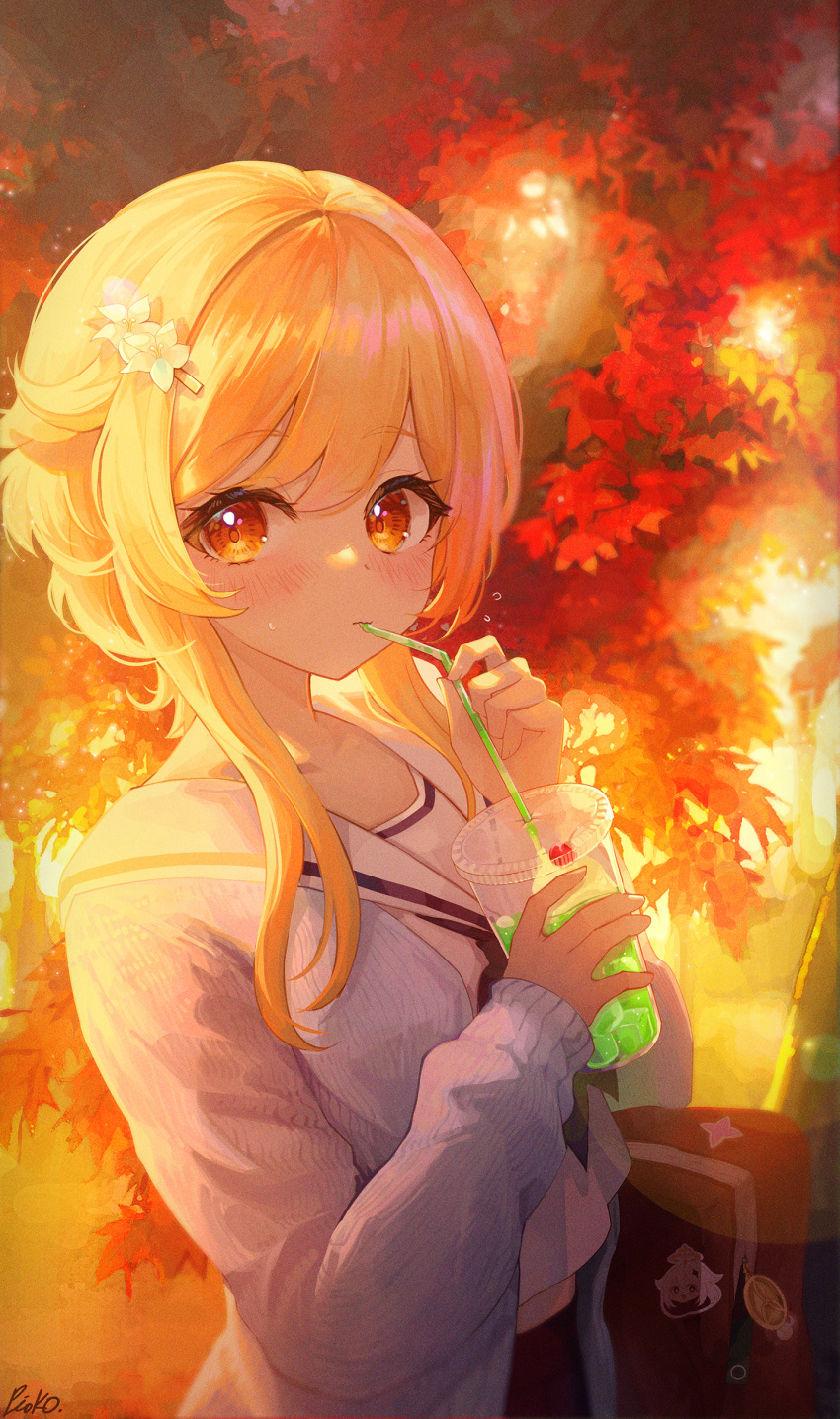 1girl absurdres alternate_costume artist_name autumn autumn_leaves bag bangs blonde_hair commentary_request contemporary cup drinking drinking_straw flower genshin_impact hair_flower hair_ornament highres holding holding_cup leaf long_sleeves looking_at_viewer lumine_(genshin_impact) maple_leaf medium_hair orange_eyes pistachiocream sailor_collar school_uniform serafuku solo sunset white_sailor_collar