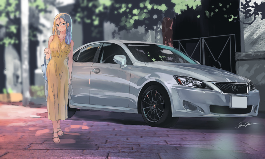 1girl bag barefoot_sandals blue_bag blue_eyes blurry blurry_background blush car dress grey_hair ground_vehicle hair_behind_ear hair_between_eyes headlight highres holding holding_bag lexus lexus_is350 long_hair looking_at_viewer momo_hiki motor_vehicle open_mouth original sandals strappy_heels toes tree vehicle_focus yellow_dress