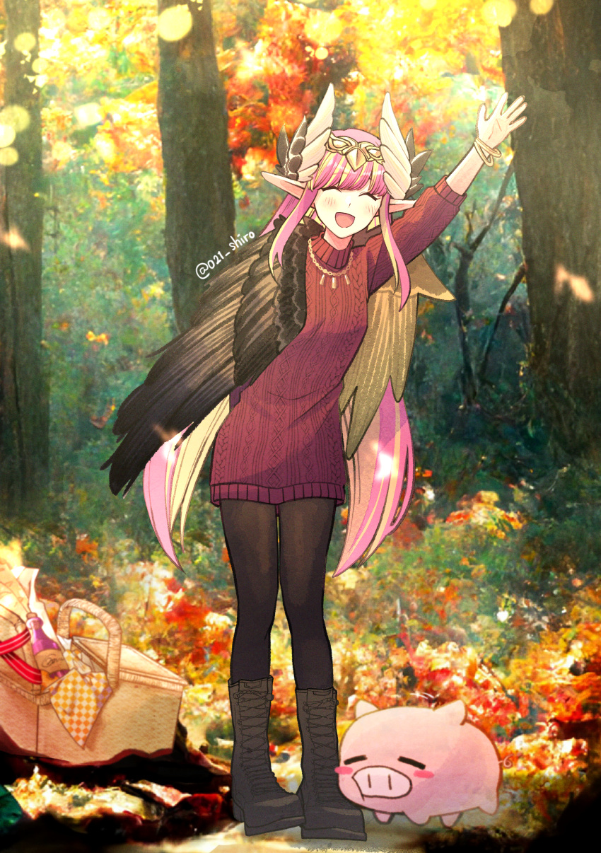 021_shiro 1girl absurdres alternate_costume animal aran_sweater arm_behind_back arm_up black_pantyhose blonde_hair blush blush_stickers boots bracelet brown_footwear circe_(fate) closed_eyes commentary_request fate/grand_order fate_(series) feathered_wings forest full_body head_wings highres jewelry long_hair multicolored_hair nature necklace open_mouth outdoors pantyhose picnic_basket pig pink_hair pointy_ears red_sweater smile sweater tiara tree twitter_username two-tone_hair very_long_hair wings