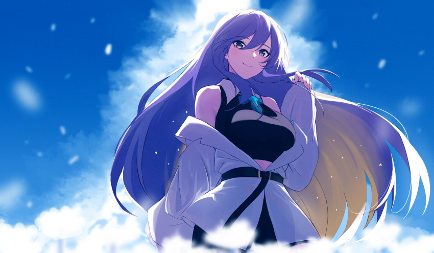 1girl belt blurry blurry_foreground breasts clouds crop_top flower furai_sen gradient_hair highres hololive hololive_indonesia jacket large_breasts long_hair moona_hoshinova multicolored_hair purple_hair sleeves_past_wrists smile very_long_hair violet_eyes virtual_youtuber white_jacket