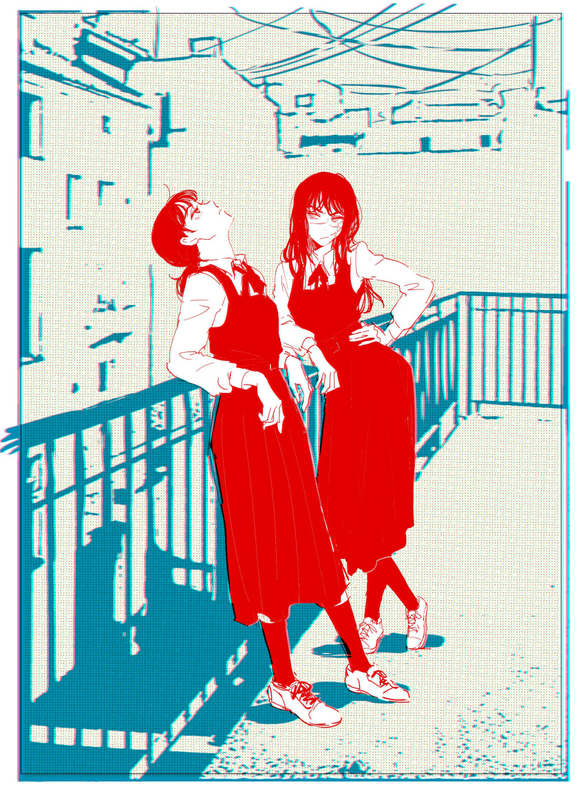 2girls 2tot8 absurdres against_railing bangs chainsaw_man dress highres long_hair looking_at_another looking_up mitaka_asa monochrome multiple_girls pinafore_dress ponytail railing red_dress red_theme redhead ribbon scar scar_on_cheek scar_on_face spot_color yoru_(chainsaw_man)