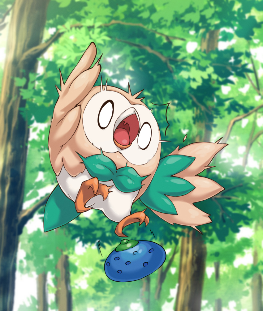 0_0 ^^^ absurdres animal_focus berry_(pokemon) bird blurry blurry_background boingfarm commentary_request cropped day dropping flying forest full_body highres korean_commentary nature no_humans open_mouth oran_berry outdoors pokemon pokemon_(creature) rowlet solo surprised tongue tree uvula white_eyes