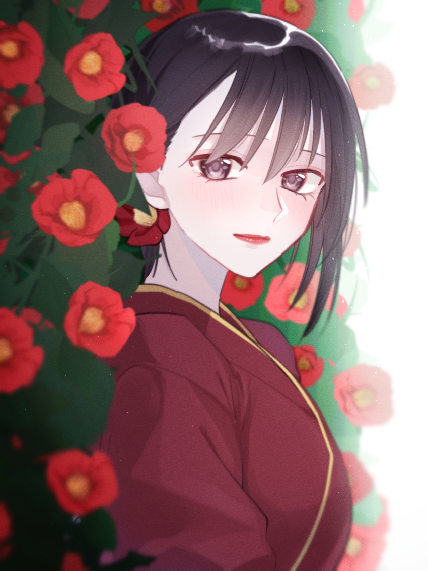 1girl baby_(demotsu) bangs black_hair day flower from_side fruits_basket highres light_smile lipstick looking_at_viewer looking_to_the_side makeup nature red_flower red_lips short_hair smile solo souma_akito spoilers upper_body
