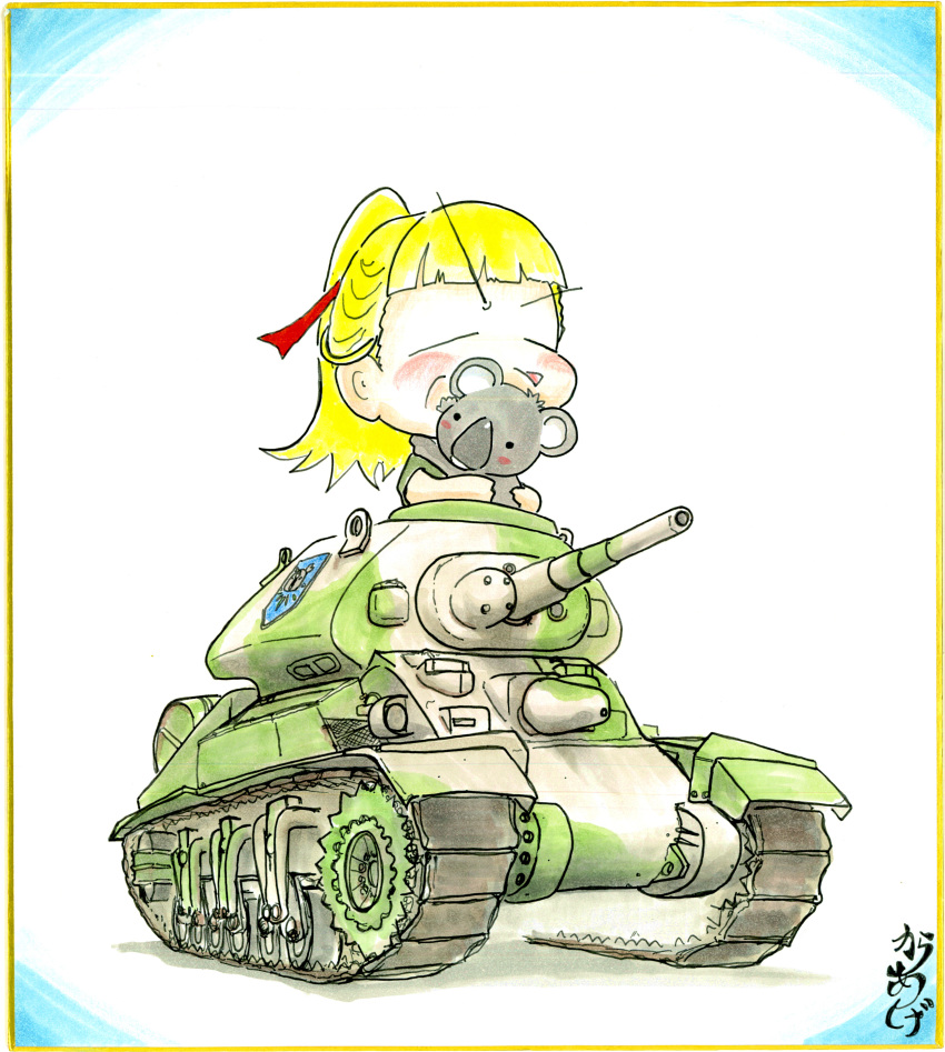 1girl :d absurdres bangs blonde_hair blush closed_eyes friedchicken_(huzimizawa) girls_und_panzer ground_vehicle highres koala koala_forest_(emblem) koala_forest_military_uniform medium_hair military military_vehicle motor_vehicle ponytail shikishi smile solo_focus tank tank_focus traditional_media vehicle_focus wallaby_(girls_und_panzer)